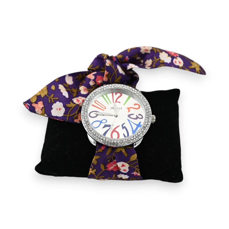 Reloj de pulsera de tela violeta con flores multicolores