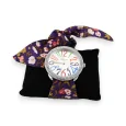 Orologio con cinturino in tessuto viola con fiori multicolori