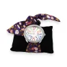 Armbanduhr mit violettem Stoffarmband und bunten Blumen