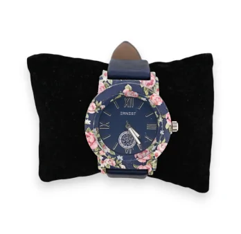 Similileder-Uhr in Marineblau mit rosafarbenem Blumen-Zifferblatt