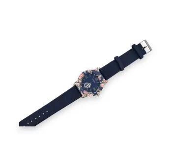 Navy blue faux leather watch with pink floral dial
