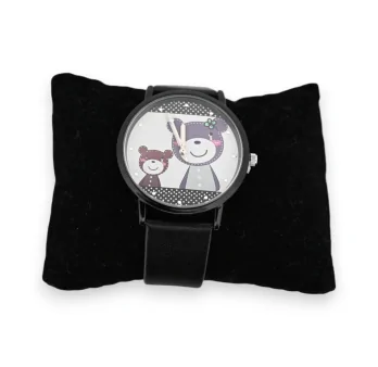 Faux leather watch with teddy bear family and black dial
