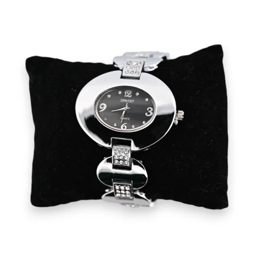 Silver fantasie watch with black oval dial