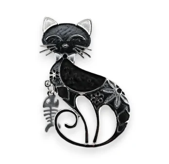 Broche aimantée argenté chat noir design