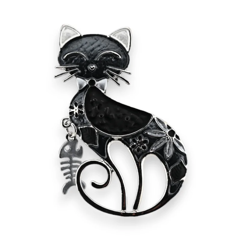 Broche magnética plateada con diseño de gato negro