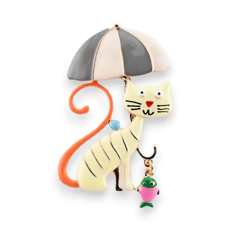 Humorous magnetic brooch: cat with umbrella