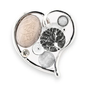 Silver heart-shaped magnetic brooch with decorative stones