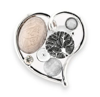 Spilla magnetica argentata design cuore con pietre