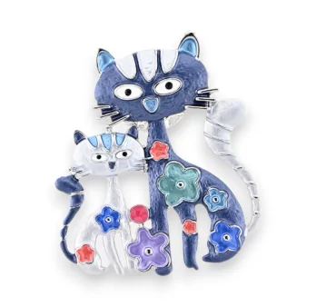 Magnetic brooch blue cat couple multicolored flowers