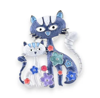 Magnetic brooch with blue cat couple and multicolored flowers