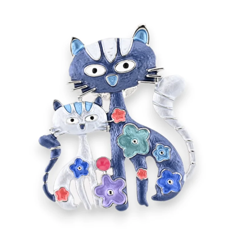 Magnetic brooch with blue cat couple and multicolored flowers