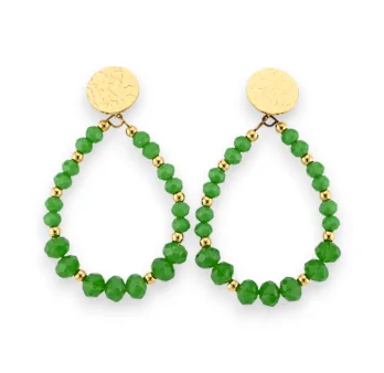 Golden steel earrings with green Brazilian beads