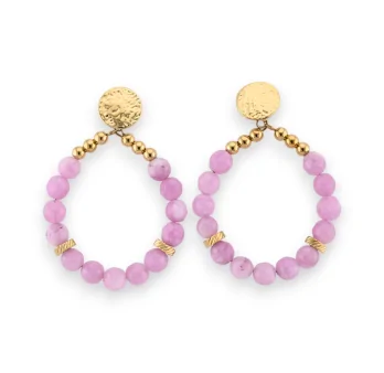 Golden steel creole earrings Amethyst pearls