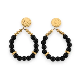 Gold-plated steel Creole earrings with black Agate beads