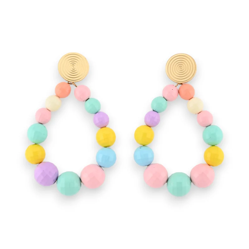 Aros de aretes tipo criolla con perlas facetadas multicolores pastel brillantes