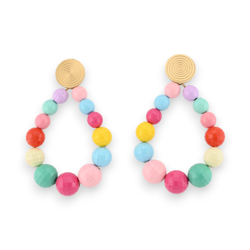 Hoop earrings with bright, multicoloured, faceted beads