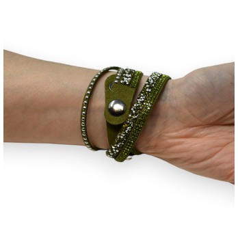 Double khaki bracelet with rhinestones