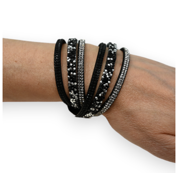 Double black bracelet with white rhinestones