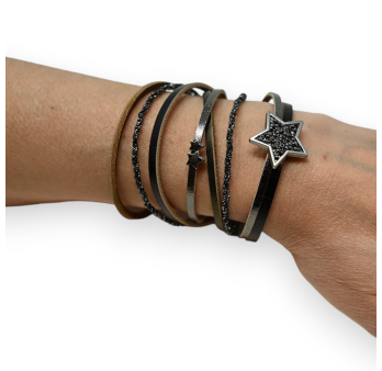Bracelet cuir double noir étoile