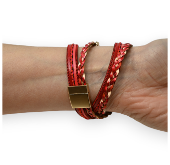 Bracelet double cuir tresse rouge