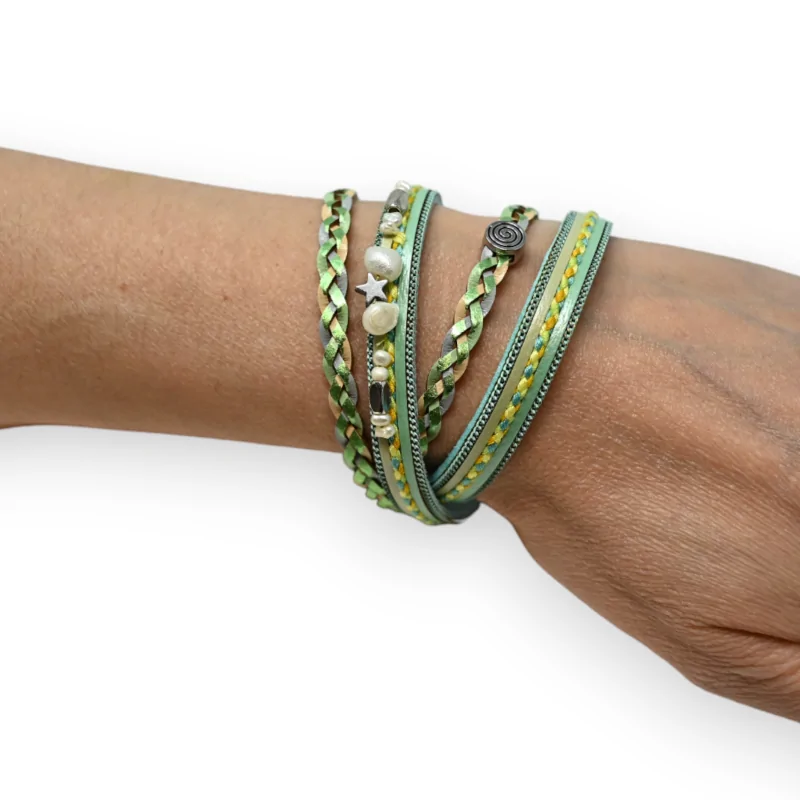 Bracelet double cuir vert d'eau tresse