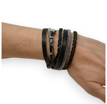 Double black braided leather bracelet with strass
