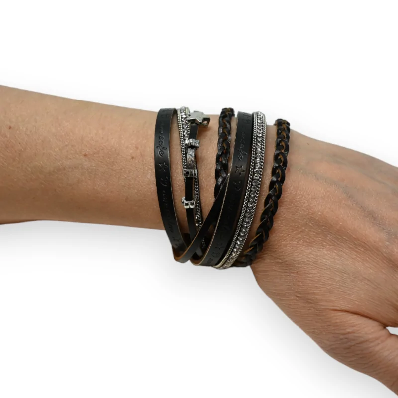 Bracelet cuir double noir tresse et strass