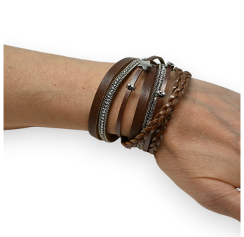 Double brown braided leather bracelet with rhinestones