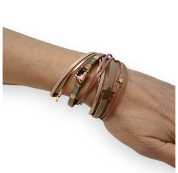 Double leather bracelet pink shades brilliant stone