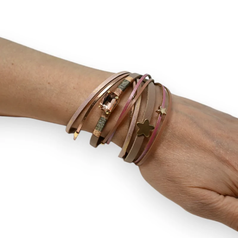 Bracelet double cuir nuances rose pierre brillante