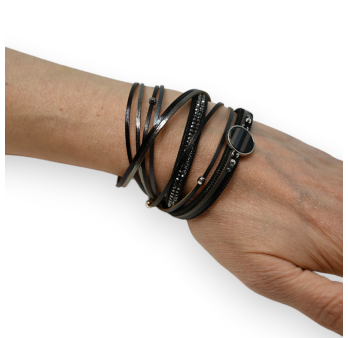 Bracelet double cuir noir charms et strass gris