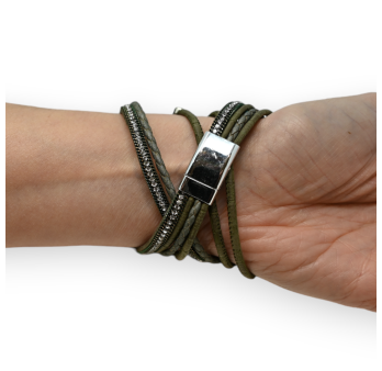 Double khaki bracelet with studs and rhinestones