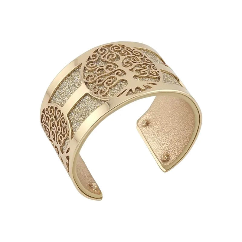 Bracciale polso largo albero della vita e similpelle glitterata, oro rosa