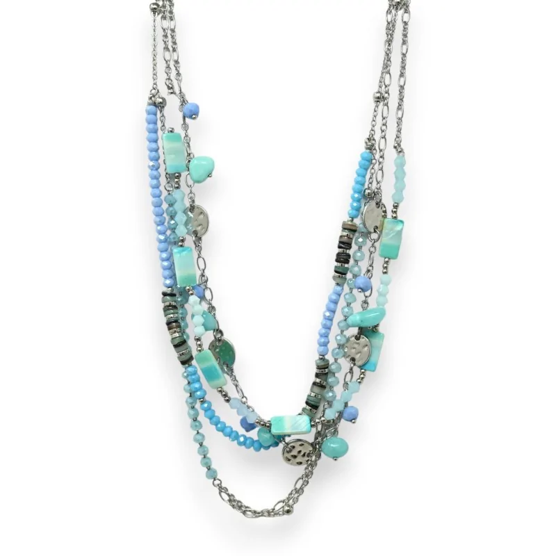 Parure collier fantaisie argenté multi rang turquoise