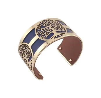 Large Tree of Life Cuff Bracelet in Gold-tone, Navy Blue and Brown Faux Leather