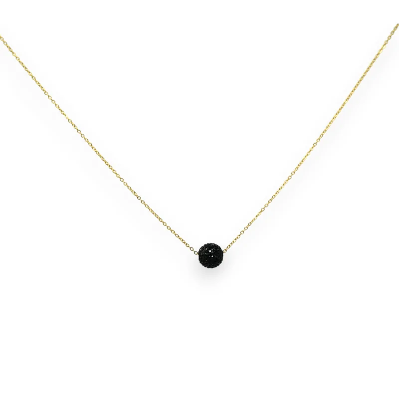 Collier acier doré petite boule strass noir