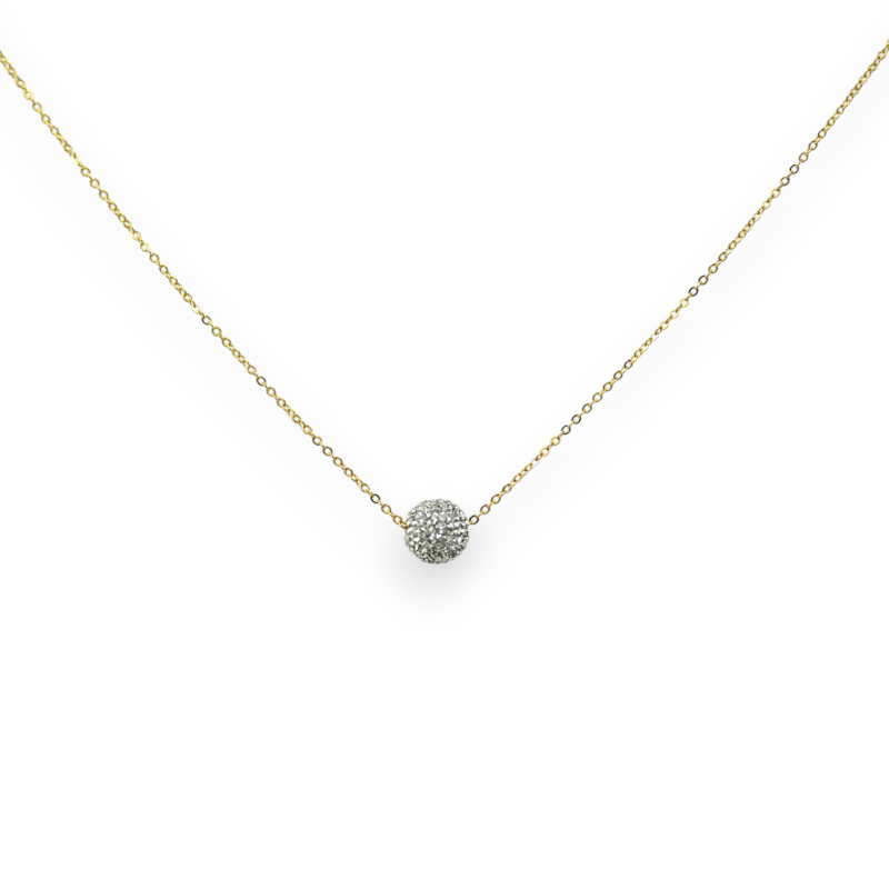 Golden steel necklace with small white strass ball