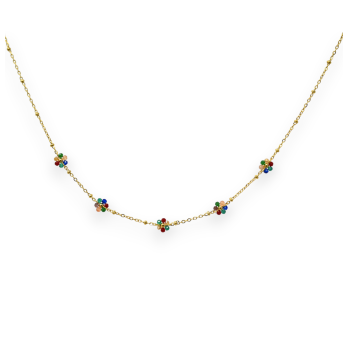 Thin gold-plated steel necklace with small multicolored flowers