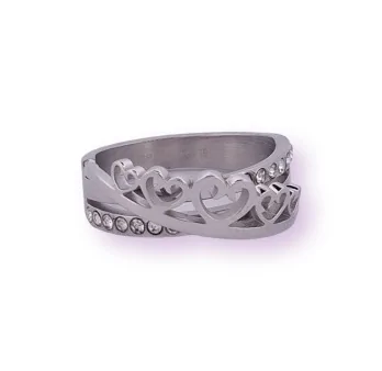 Bague en acier argenté avec motifs de cœurs entrelacés et strass incrustés