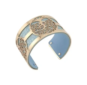 Wide cuff bracelet with golden tree of life, faux turquoise and sky blue leather