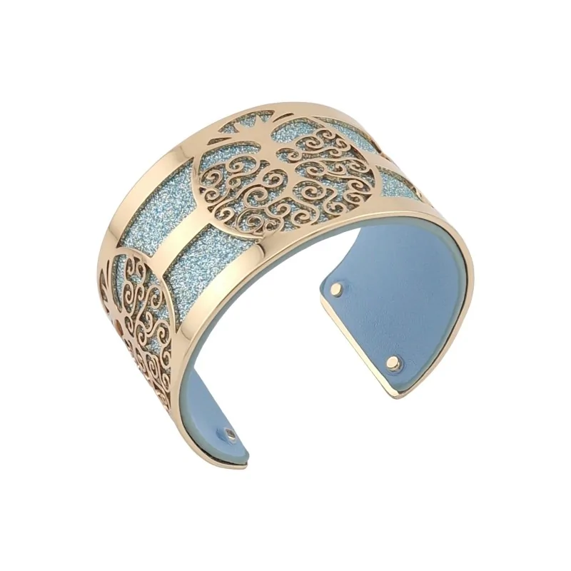 Wide cuff bracelet with golden tree of life, faux turquoise and sky blue leather