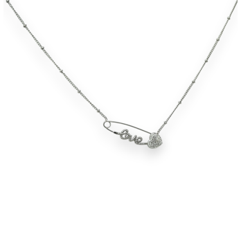 Silver-plated steel LOVE necklace with sparkling heart pin