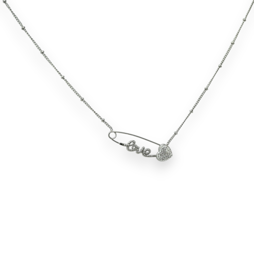 Silver-plated steel LOVE necklace with sparkling heart pin
