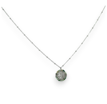 Silver-plated steel necklace with tree of life medallion and green stones
