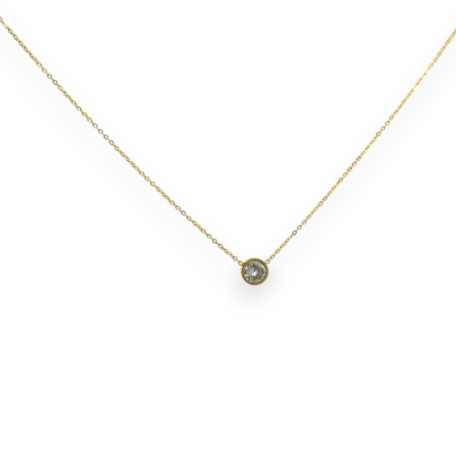 Golden steel necklace with single white stone