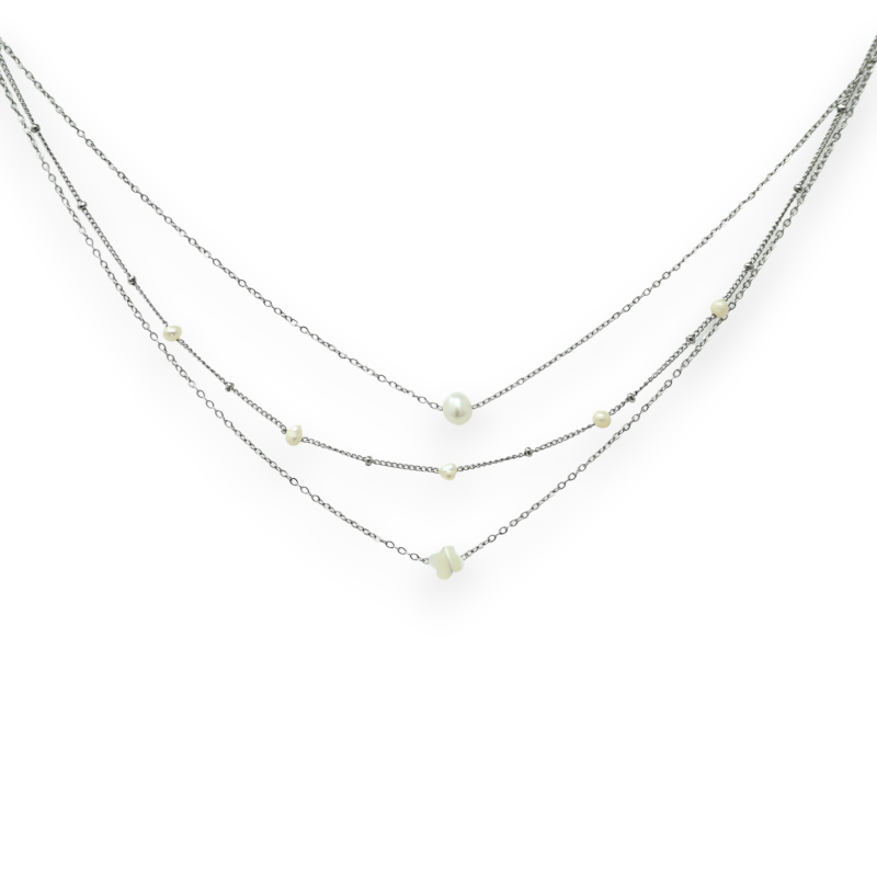 Silver-colored multi-strand steel necklace with chains and pearls