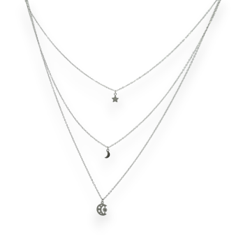 Silver-plated steel necklace multi strands moon and star