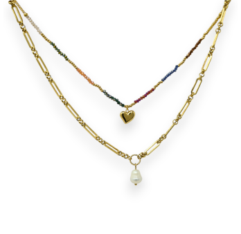 Collana in acciaio dorato multi fila con catena e perle multicolori