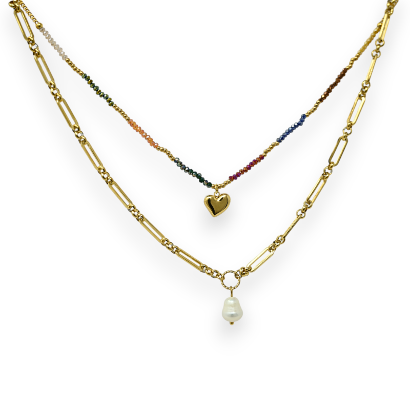 Collar de acero dorado de múltiples filas con cadena y perlas multicolores