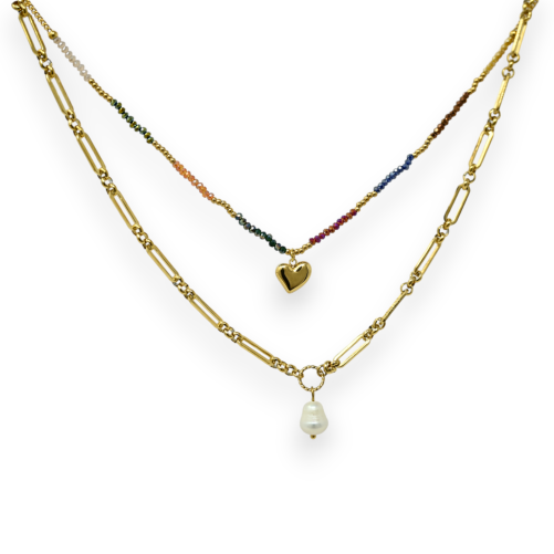 Collana in acciaio dorato multi fila con catena e perle multicolori